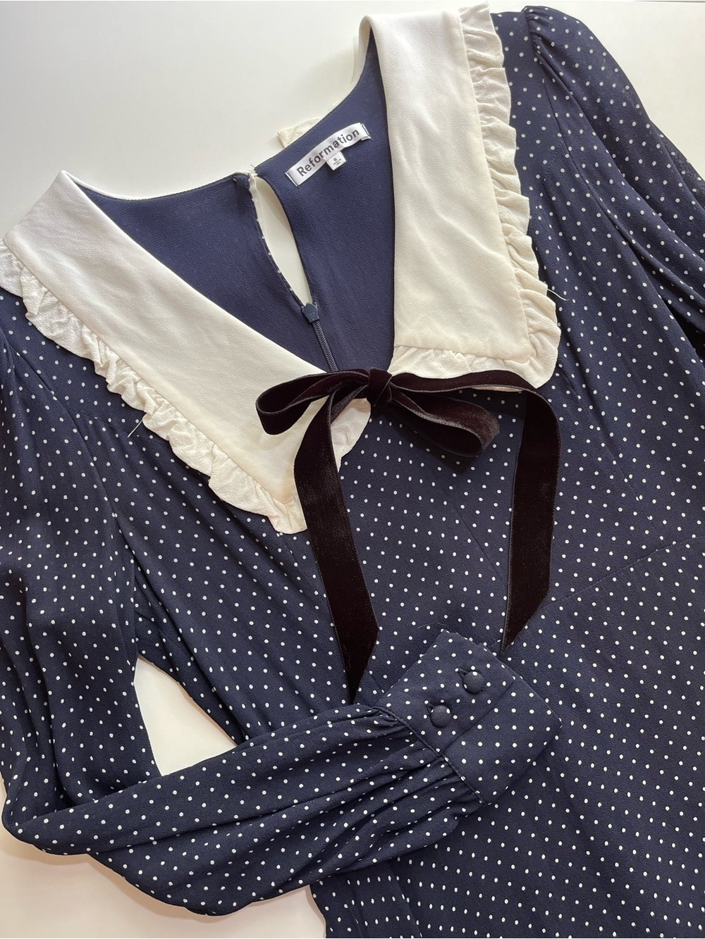 Reformation Edaline Navy Polka Dot Mini Dress Size 8